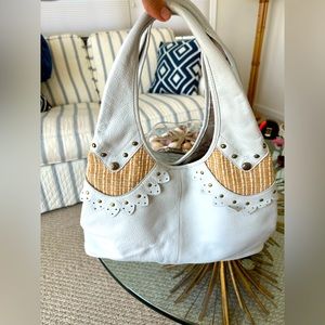 Kate Landry White Shoulder Pocket Book with beige wicker- 8 Pockets!